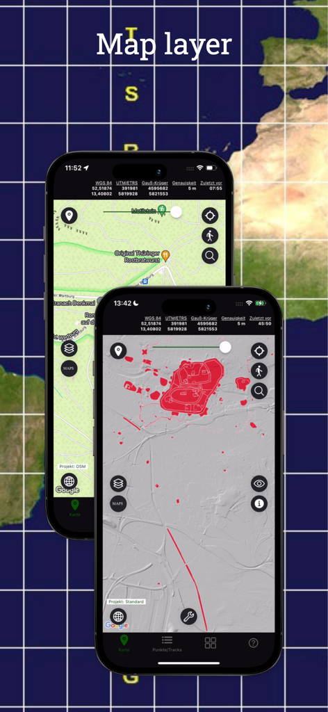 TopoRec - Map Viewer - Interface do aplicativo TopoRec exibindo camadas de mapas históricos e topográficos com coordenadas GPS precisas em uma tela de smartphone