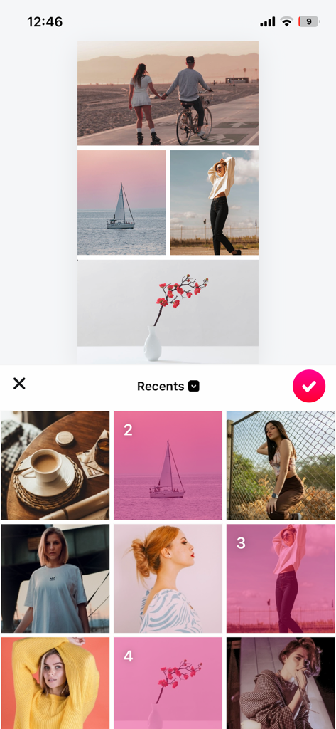 Layout for Instagram - 다중 프레임 미학적 콜라주용 사진 선택을 보여주는 Instagram 앱용 레이아웃 앱 사용자 인터페이스.