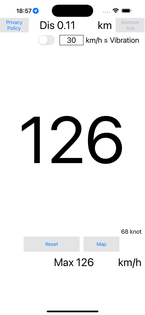 Speedometer km/h Odometer - Digital speedometer app screen showing current speed of 126 kilometers per hour and distance traveled.