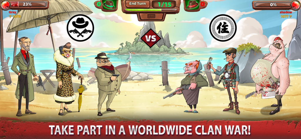 Mafioso: mafia duel TBS RPG - A 3-on-3 turn-based tactical battle in Mafioso game with stylized mafia characters on a sunny beach background