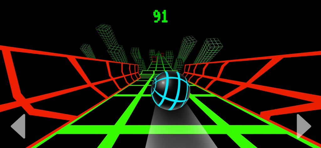 A 3D neon ball rolling down a green grid slope in the Slope Game mobile app