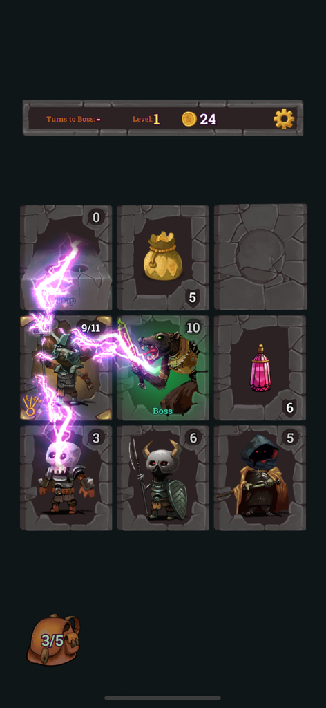 Look Your Loot Gameplay-Bildschirm, der ein 3x3-Raster von Karten zeigt, mit einem Magier-Helden, der Feinde angreift