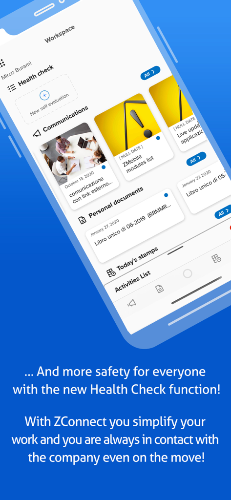 ZConnect Enterprise Edition app workspace showing health check and communication features