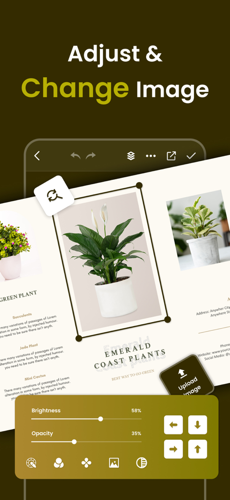 Interface do aplicativo Brochure Maker mostrando ferramentas de ajuste de imagem para brilho e opacidade.