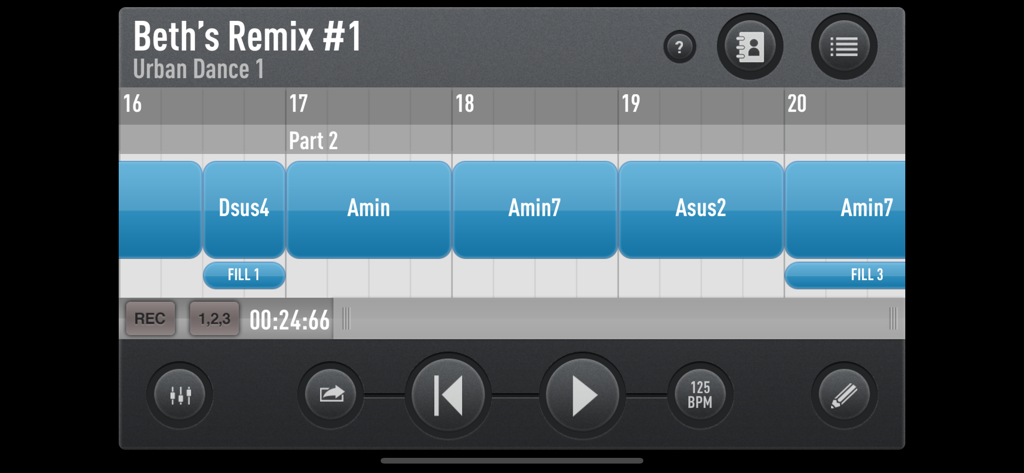 SessionBand Original - The track arrangement interface of SessionBand Original showing a chord sequence in Urban Dance style