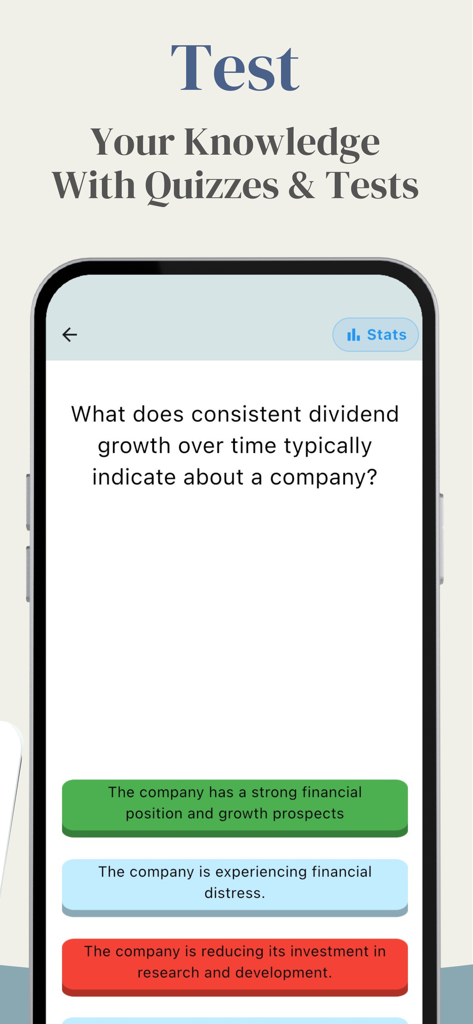 Une capture d'écran d'application mobile d'une interface de quiz de connaissances financières posant des questions sur la croissance des dividendes avec des options à choix multiples.