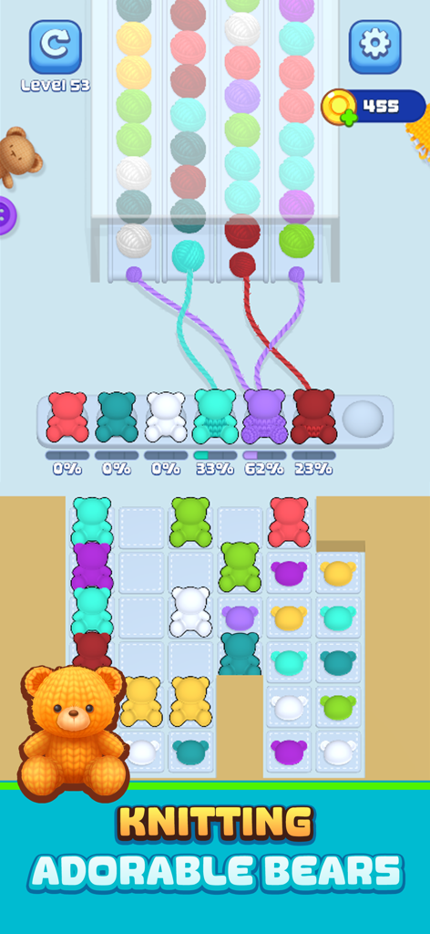 Knit Craze: Color Wool Sort - Gameplay of Knit Craze showing colorful yarn balls being sorted into cute bear shapes on a mobile puzzle screen.
