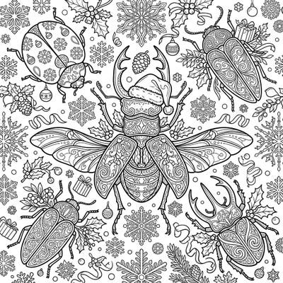Immerse yourself in the festive spirit with this unique adult coloring page featuring highly detailed Christmas beetles. Perfect for unwinding during the holiday season, this intricate design combines nature's beauty with yuletide cheer.