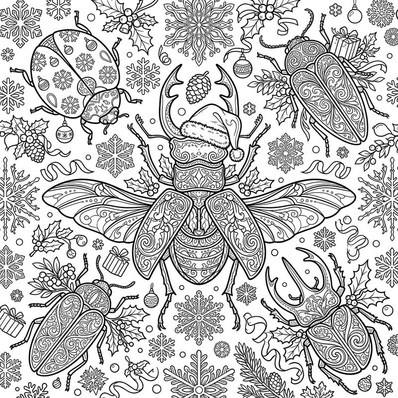 Immerse yourself in the festive spirit with this unique adult coloring page featuring highly detailed Christmas beetles. Perfect for unwinding during the holiday season, this intricate design combines nature's beauty with yuletide cheer.