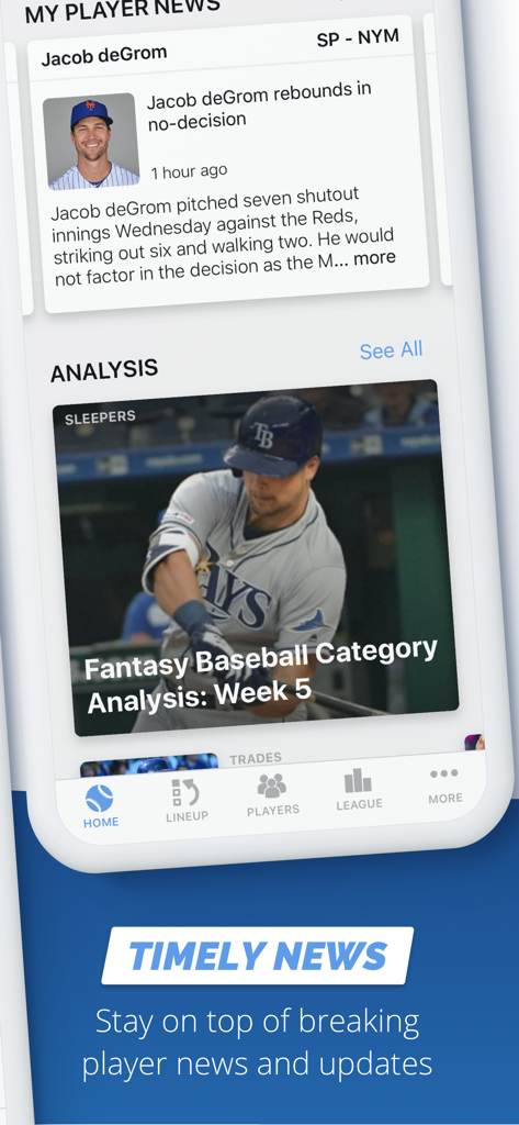 The Fantasy Baseball My Playbook app interface featuring breaking player news and expert category analysis.