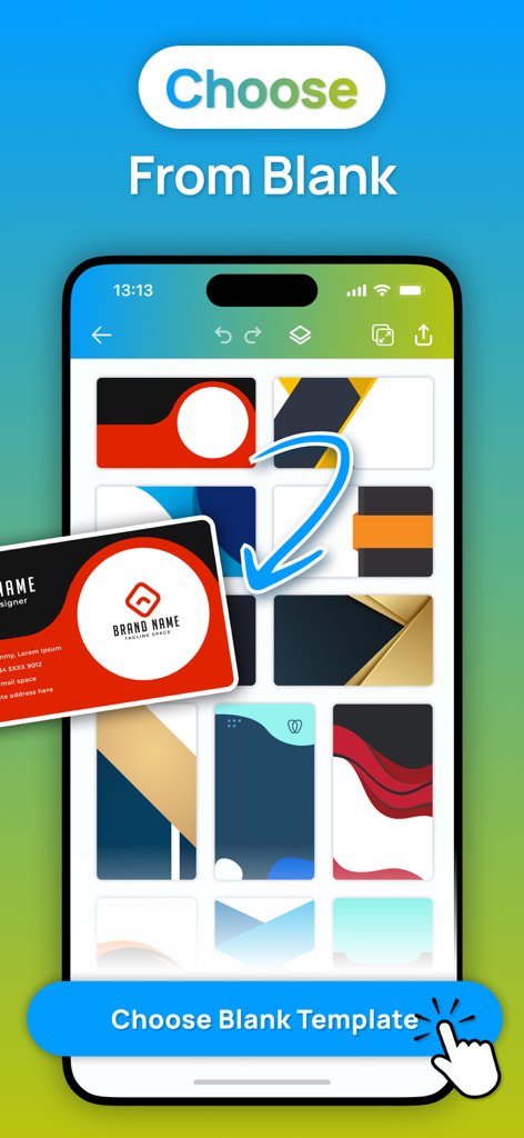 Business Card Maker : Editor - Pantalla de la aplicación móvil mostrando varias plantillas de tarjetas de presentación profesionales y un botón para elegir una plantilla en blanco.