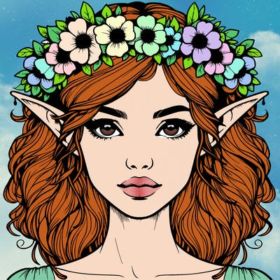realistic female elf with flower crown