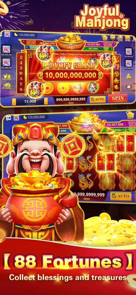 Joyful Mahjong - Lami、Casino - Écran de jeu mobile Joyful Mahjong montrant la machine à sous 88 Fortunes avec un énorme jackpot et un personnage du Dieu de la Richesse.