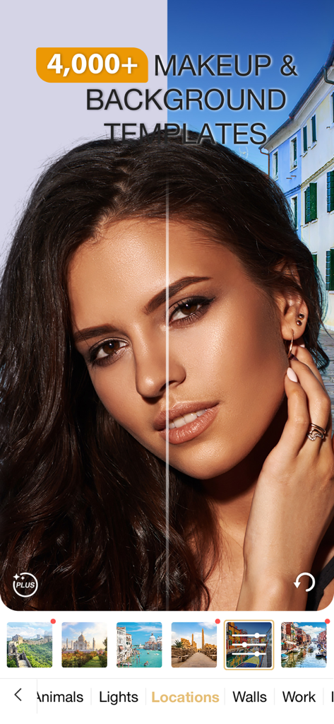 Perfect365 Makeup Photo Editor - Perfect365 App-Oberfläche mit virtuellen Make-up- und Hintergrundvorlagen-Optionen