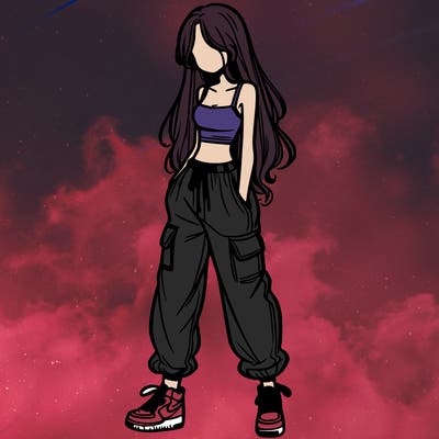 girl in baggy pants crop top and long hair