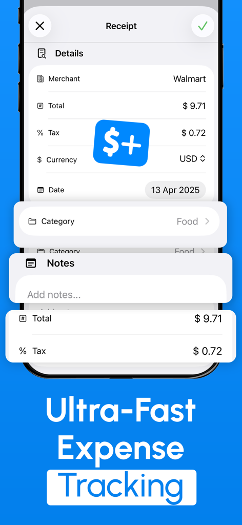 iPhone screenshot showing receipt details including merchant total and tax in the Receipt Scanner app