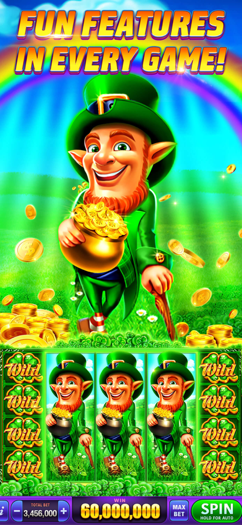 DoubleHit Slots Casino Game - Leprechaun holding a pot of gold coins in an Irish-themed casino slot game screenshot