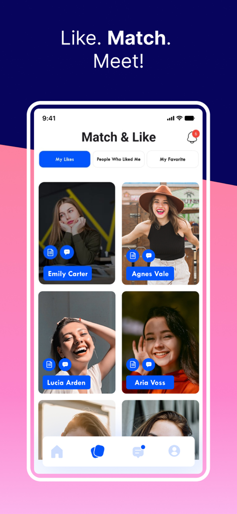 CineConnections - Interface of the CineConnections app showing a grid of potential profile matches with buttons for liking and messaging.