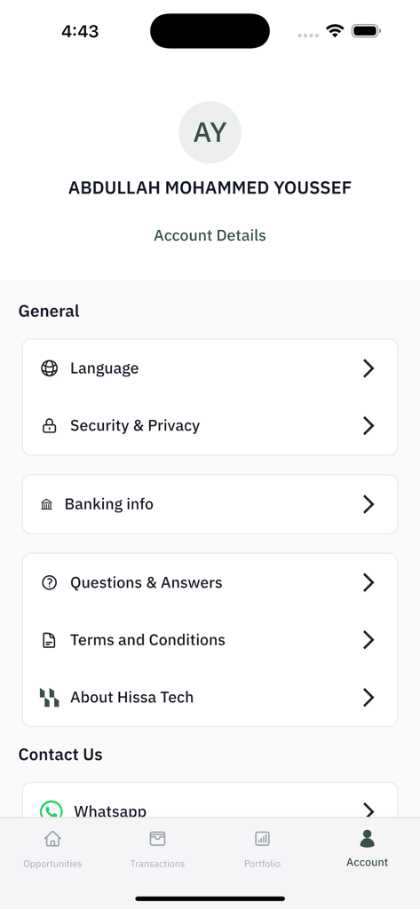 HissaTech - The user account and settings screen of the HissaTech mobile app showing profile details and general options