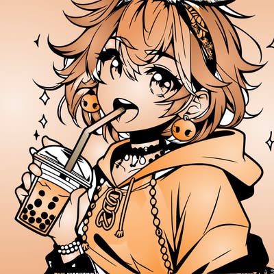 hot baddie anime girl drinking boba and biting the straw