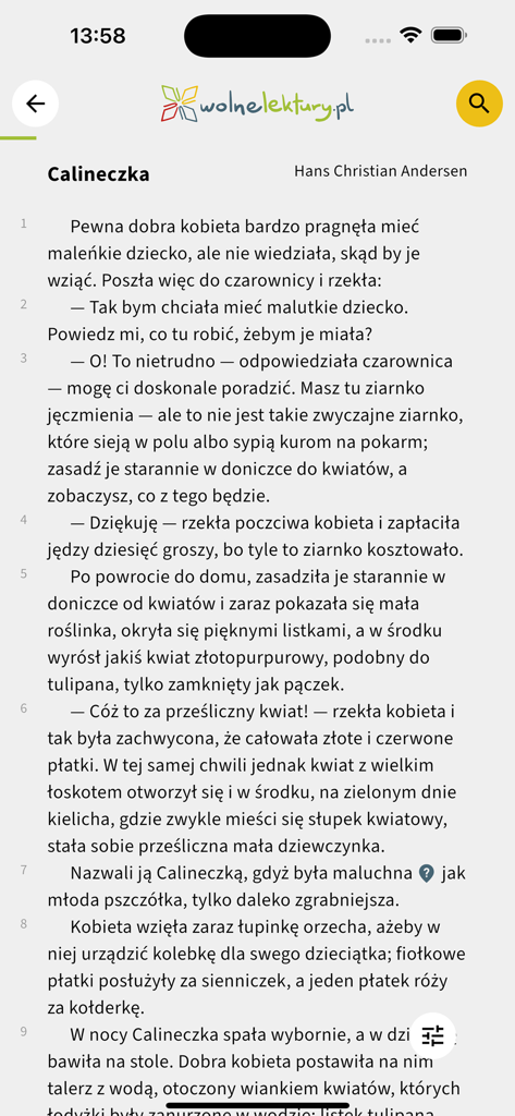 Ebook reader interface in Wolne Lektury app displaying the story Calineczka by Hans Christian Andersen