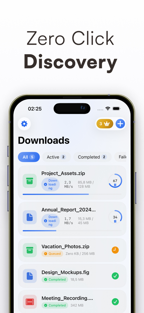 Download Manager: IDM AI - Eine Liste aktiver und abgeschlossener Downloads in der Benutzeroberfläche der IDM AI App
