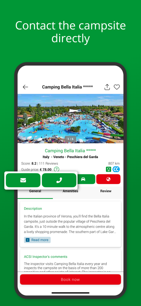 Detailed view of a campsite profile in the ACSI app featuring contact options and professional inspector reviews
