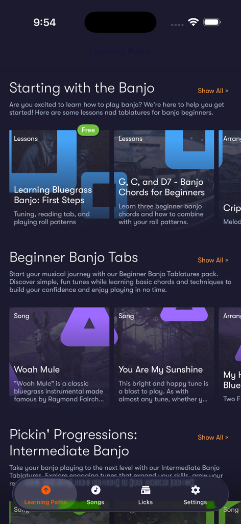 Tunefox - Tunefox app interface showing beginner banjo lessons and learning paths