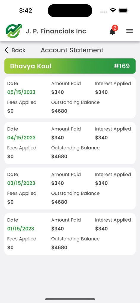 Lending-Hub - A mobile screen from the Lending Hub app displaying a detailed account statement with loan payment history and outstanding balances.