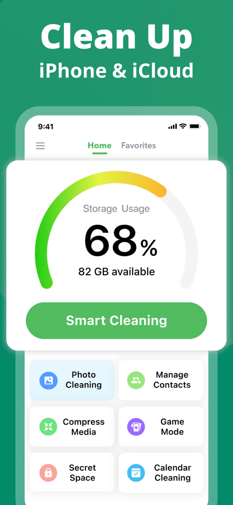 Phone CleanerㆍClean Up Storage - Pantalla de inicio de la aplicación Phone Cleaner que muestra el porcentaje de uso del almacenamiento y las herramientas de limpieza inteligente.