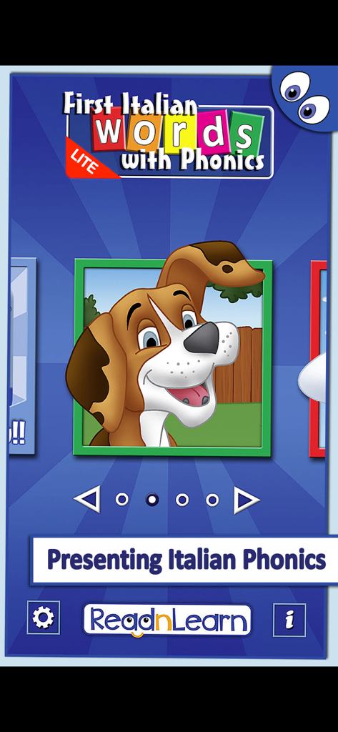 Italian First Words Lite - Main menu of Italian First Words Lite app with a cartoon dog illustration