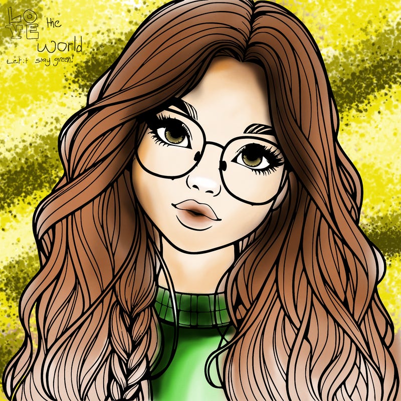 girl with long hair and freckles and glasses realistic