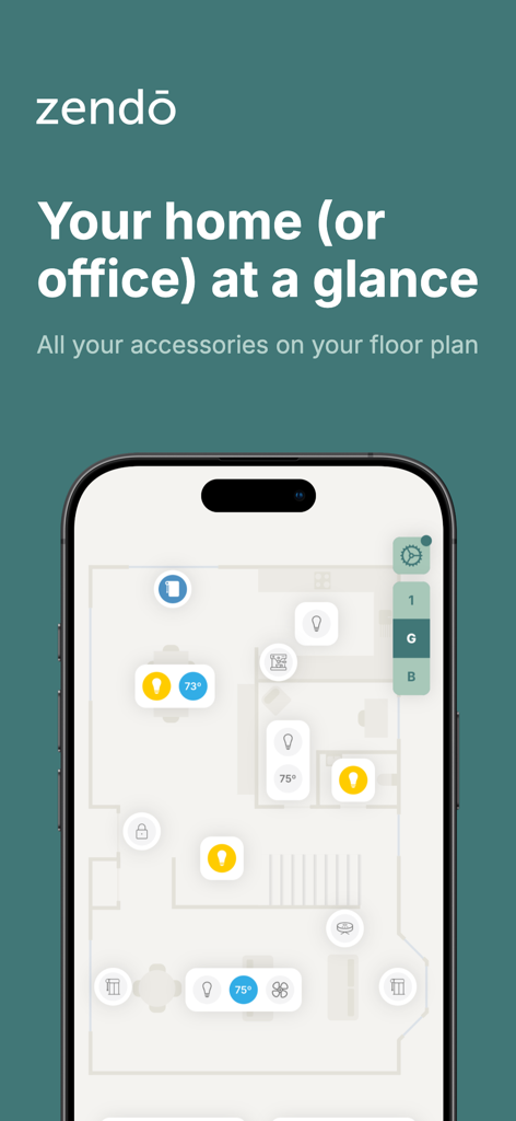 Zendo - Smart Home & Office - Aplicación Zendo que muestra un panel de control de plano de hogar inteligente con iconos de luces y temperatura