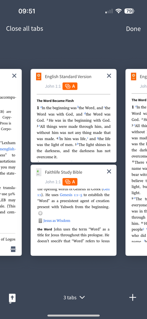 Interface do aplicativo Faithlife Study Bible mostrando várias abas abertas de traduções bíblicas e recursos de estudo