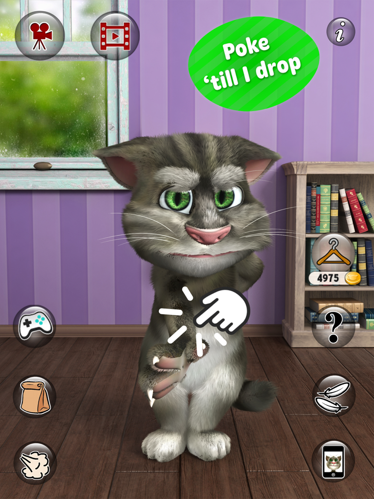 Talking Tom Cat 2 for iPad - トムをつつくインタラクションを示すiPad版Talking Tom Cat 2のスクリーンショット、漫画の手がトムを指している