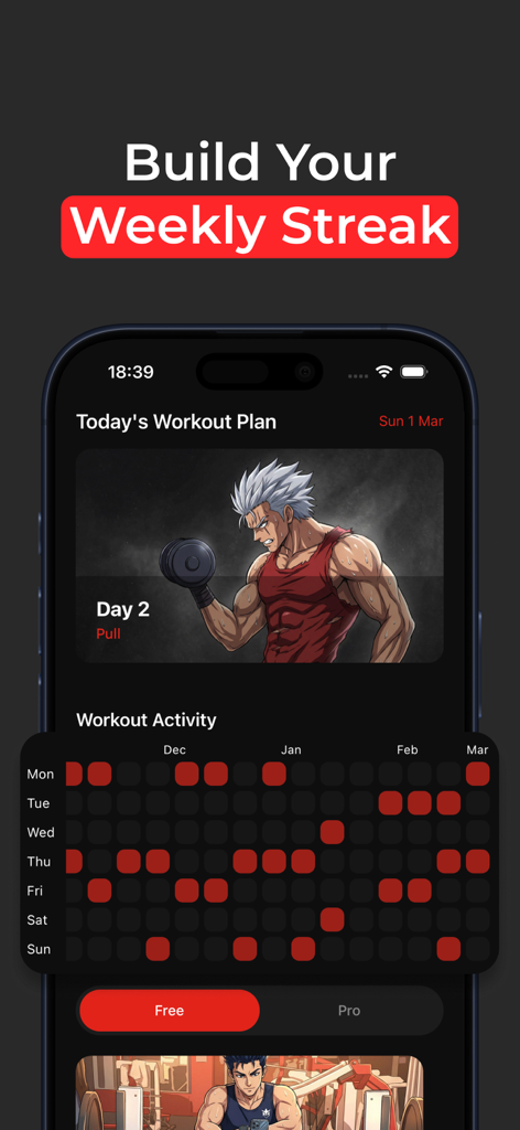 Self Coach Gym Workout Planner - Mobile app screen showing a workout activity calendar and weekly streak tracking for a gym program