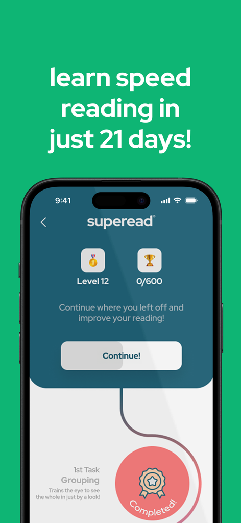 Superead : Super Speed Reading - Superead app interface showing a speed reading learning path with a 21-day training goal and progress dashboard.