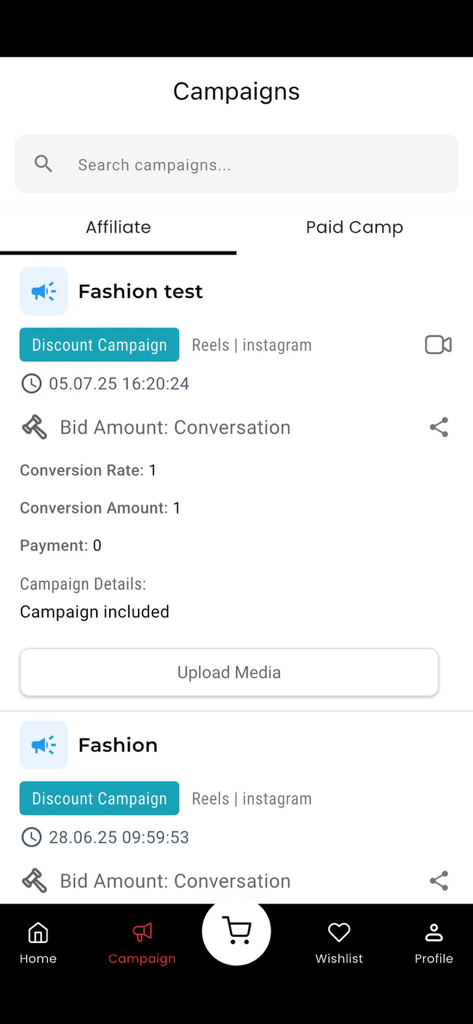 Brandwave.ai - Interface of the Brandwave app showing available affiliate marketing campaigns in the fashion category.
