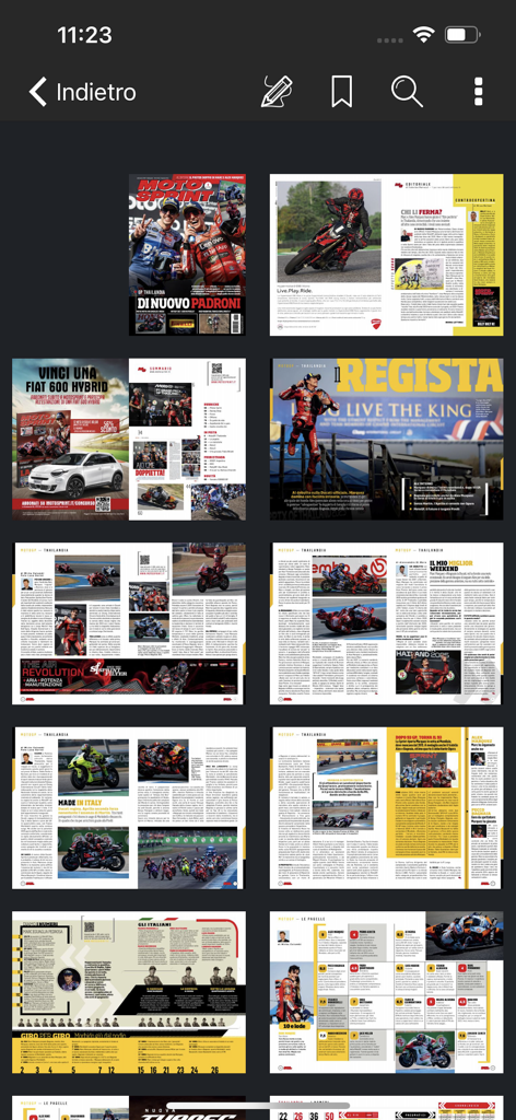 Grid view of digital magazine pages in the Motosprint plus app featuring motorcycle racing