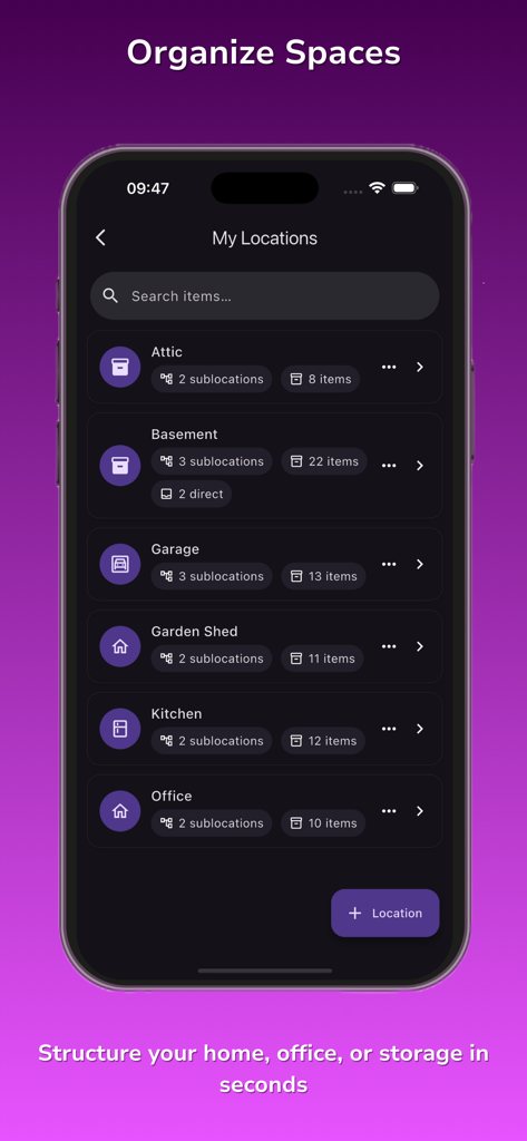 A screenshot of the Sortly-Sorglos app showing the My Locations dashboard with organized categories like attic, basement, garage, and kitchen.