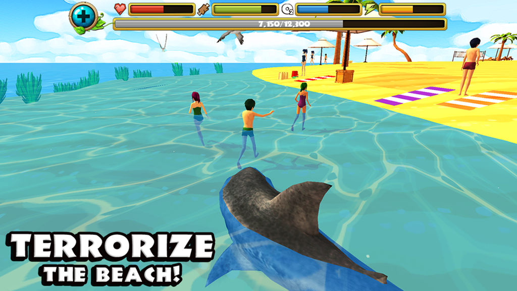 A great white shark swimming toward a beach with swimmers in a 3D environment