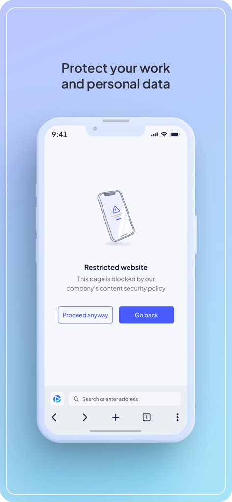 Prisma Browser - Smartphone screen showing a restricted website warning in the Prisma Browser app with options to proceed or go back.