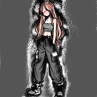 girl in baggy pants crop top and long hair