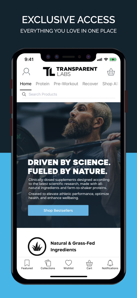 Schermata principale dell'app mobile Transparent Labs che mostra accesso esclusivo e integratori per il fitness