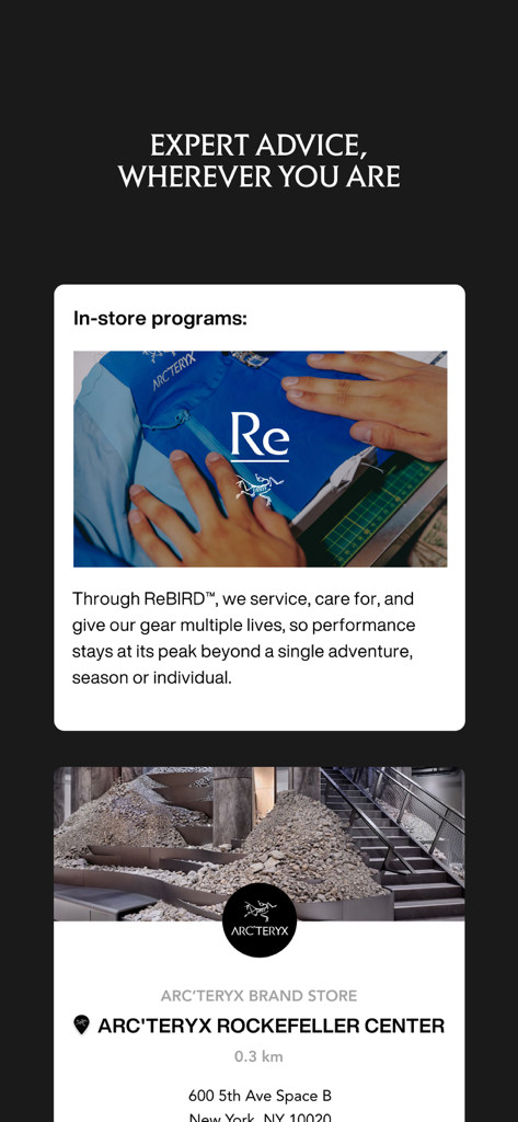 Arcteryx app showing the ReBIRD repair program and Rockefeller Center store location
