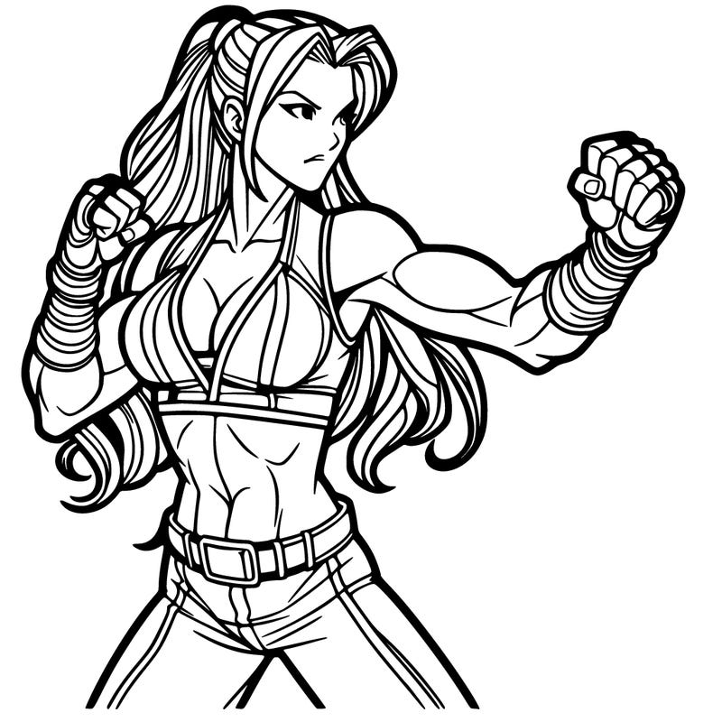 woman in fighting attire long hair