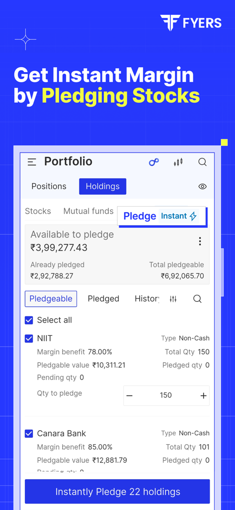 FYERS app screen showing how to get instant margin by pledging stocks in the portfolio holdings