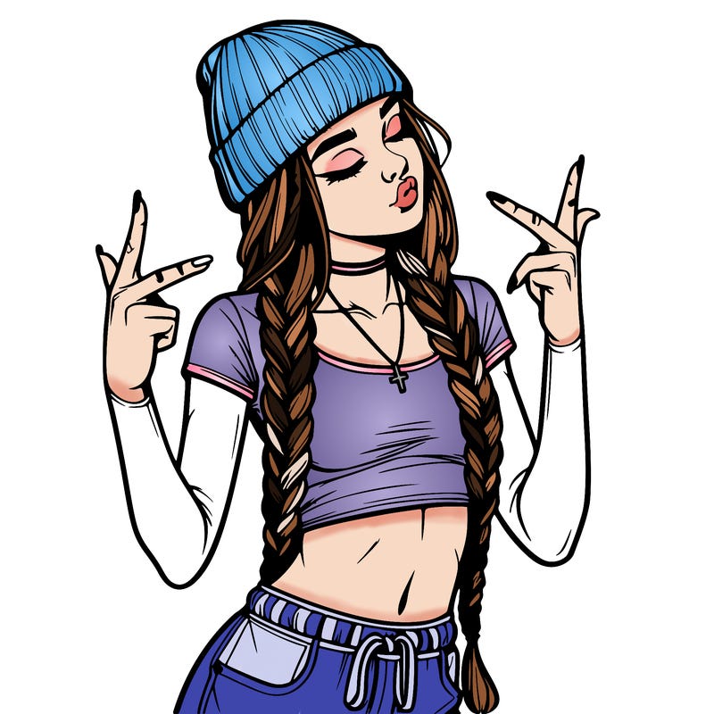 realistic teenage girl with braids and a beanie and crop top doing 🫶🏼