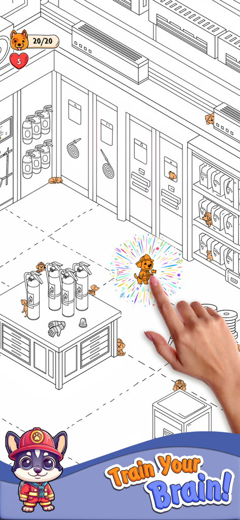 Find The Dogs - A player discovers a hidden dog wearing a firefighter hat in a black and white illustrated scene.