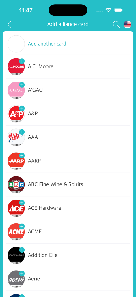 A screen in the Membership widget app displaying a list of various US retail loyalty and alliance cards to add.